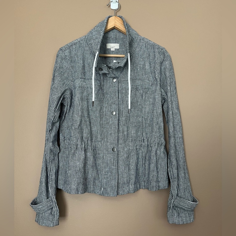 {LOFT} Linen Blend Striped Zipper Jacket in Blue & White - Womens XS - NWT